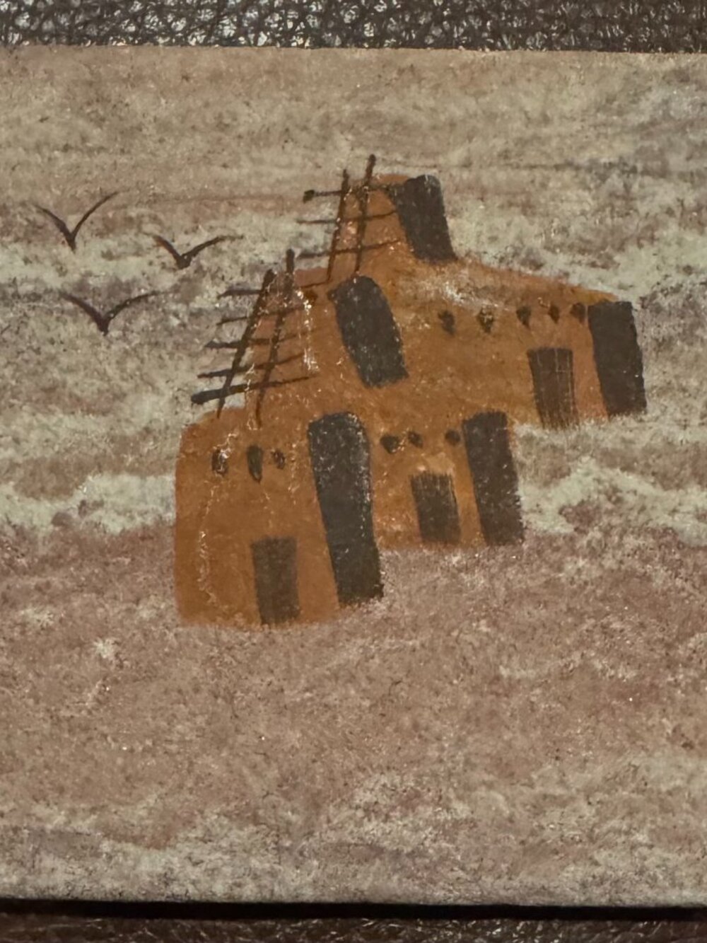 Hand-Painted Southwestern Stone Coaster Tile 4x4", Adobe Pueblo Scene